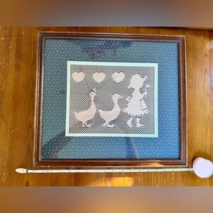 VTG Art Lace Little Girl, Geese, Hearts on Lace Wall Art Picture Framed 16x18 in